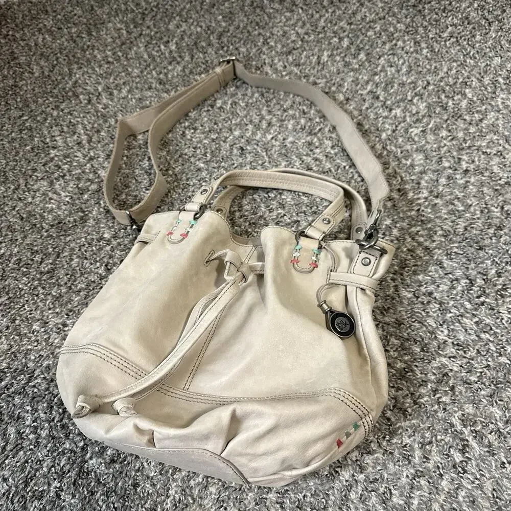 The Sak Bag Bucket Beige Natural Leather Drawstring Crossbody Hobo Purse New